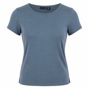 Tahari Womens Top S Tencel Blue Ribbed Short Sleeve Boat Neck Minimalist Casual